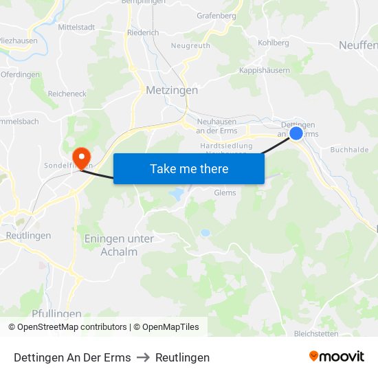 Dettingen An Der Erms to Reutlingen map