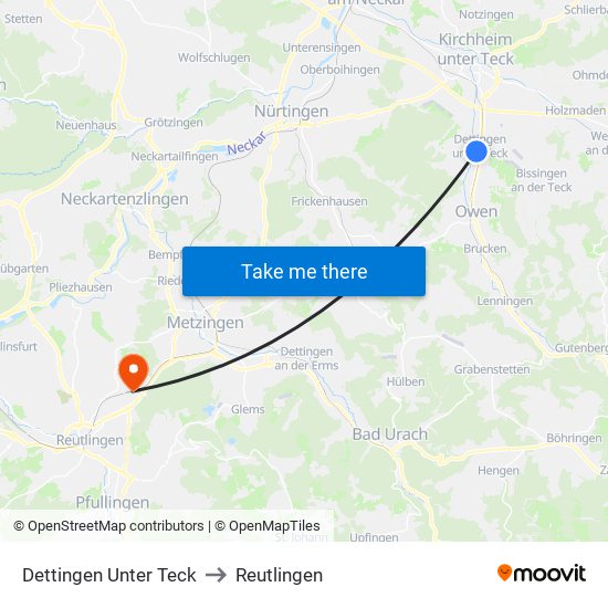 Dettingen Unter Teck to Reutlingen map