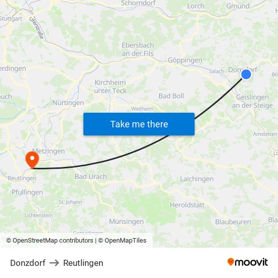 Donzdorf to Reutlingen map
