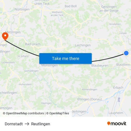 Dornstadt to Reutlingen map