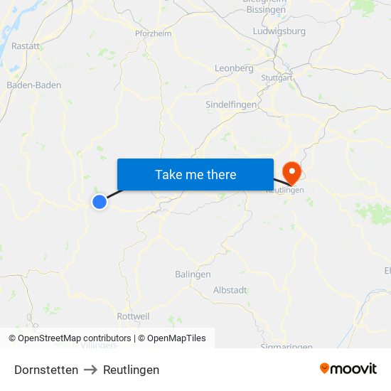 Dornstetten to Reutlingen map