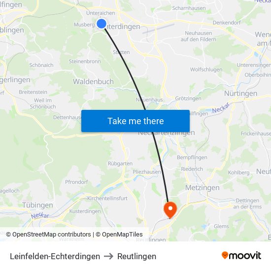 Leinfelden-Echterdingen to Reutlingen map