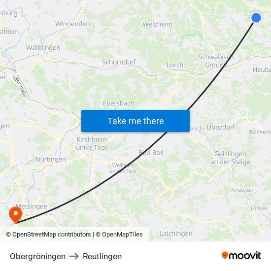 Obergröningen to Reutlingen map