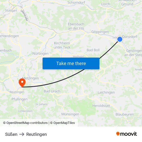 Süßen to Reutlingen map