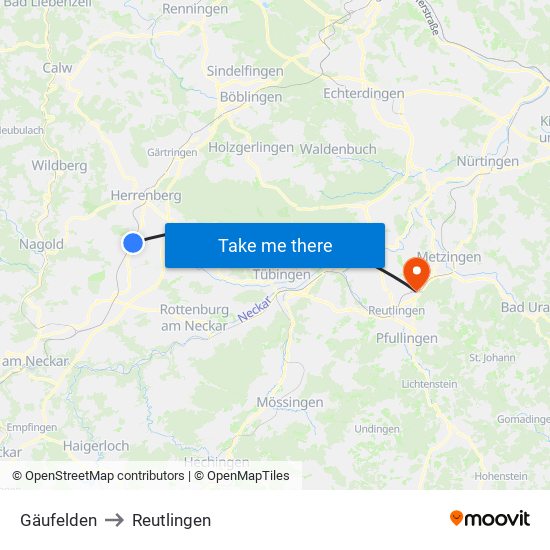 Gäufelden to Reutlingen map
