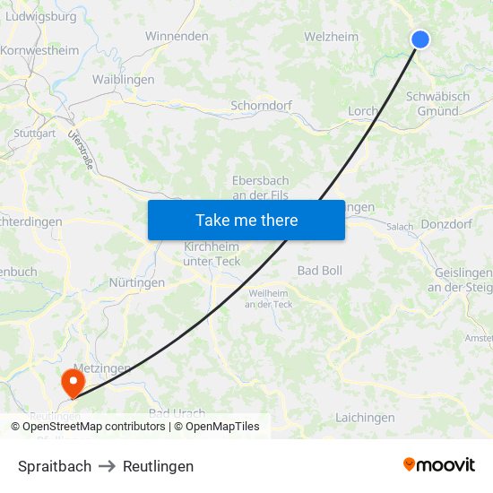 Spraitbach to Reutlingen map