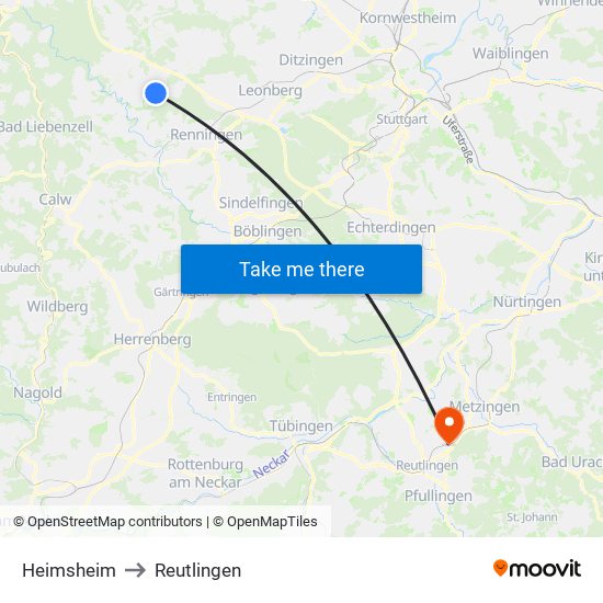 Heimsheim to Reutlingen map