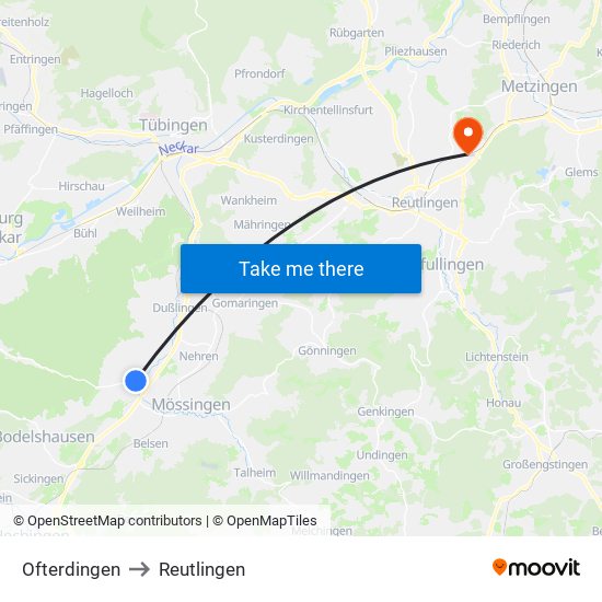 Ofterdingen to Reutlingen map