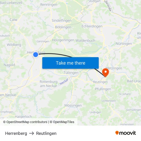 Herrenberg to Reutlingen map