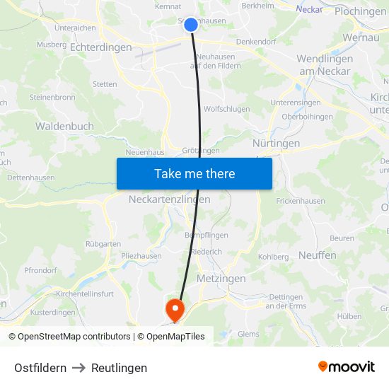 Ostfildern to Reutlingen map