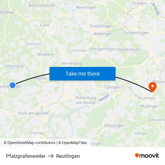 Pfalzgrafenweiler to Reutlingen map