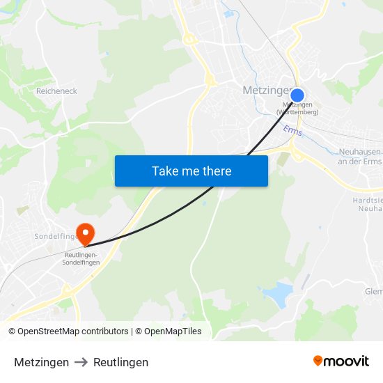 Metzingen to Reutlingen map