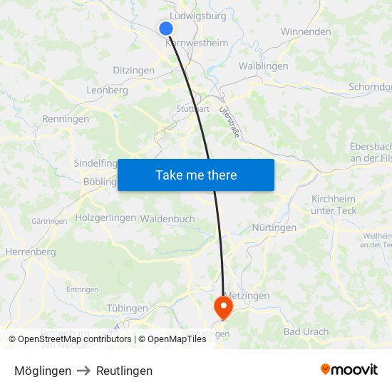 Möglingen to Reutlingen map