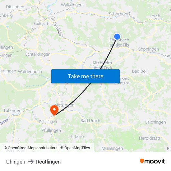 Uhingen to Reutlingen map