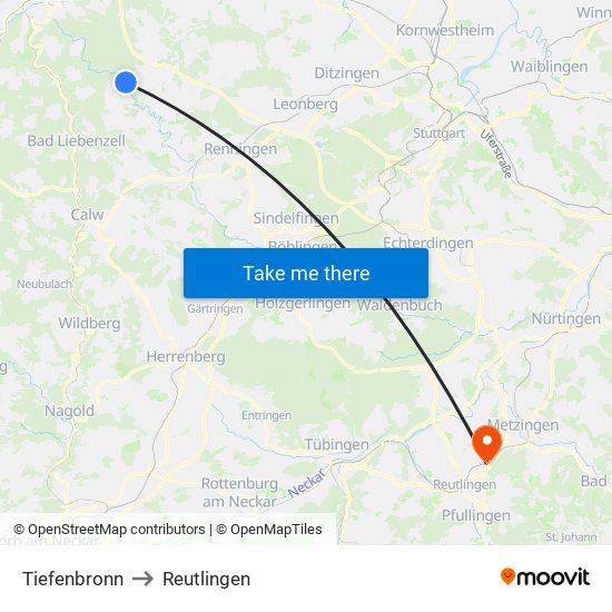 Tiefenbronn to Reutlingen map