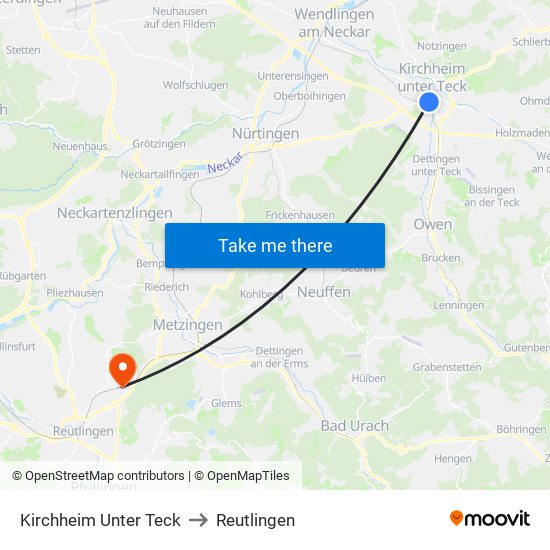 Kirchheim Unter Teck to Reutlingen map