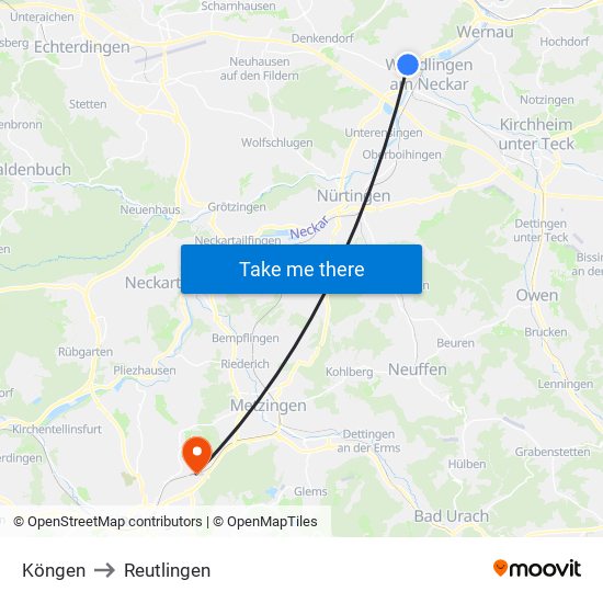 Köngen to Reutlingen map