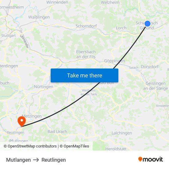 Mutlangen to Reutlingen map