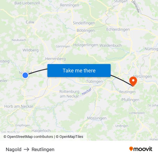 Nagold to Reutlingen map