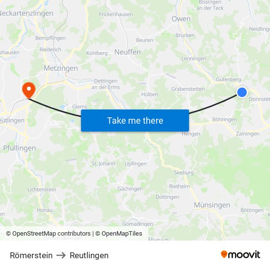 Römerstein to Reutlingen map