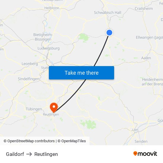 Gaildorf to Reutlingen map