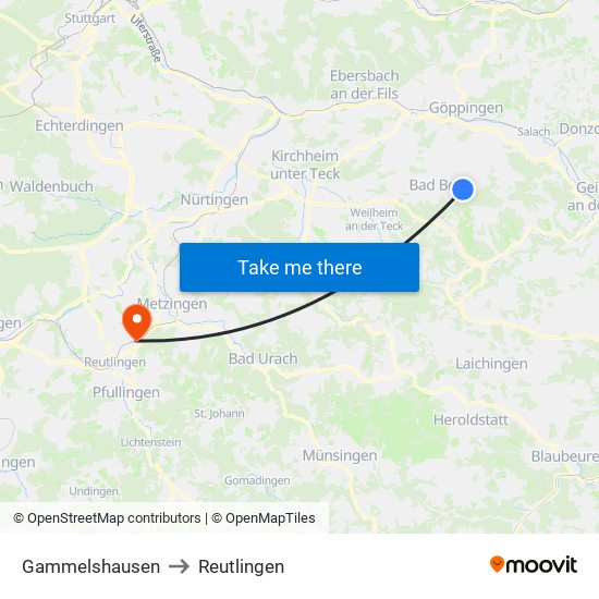 Gammelshausen to Reutlingen map