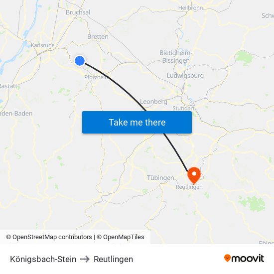 Königsbach-Stein to Reutlingen map