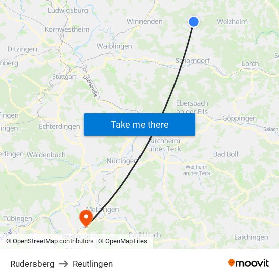 Rudersberg to Reutlingen map