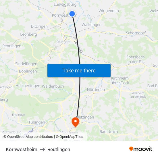 Kornwestheim to Reutlingen map