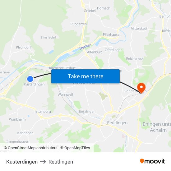 Kusterdingen to Reutlingen map