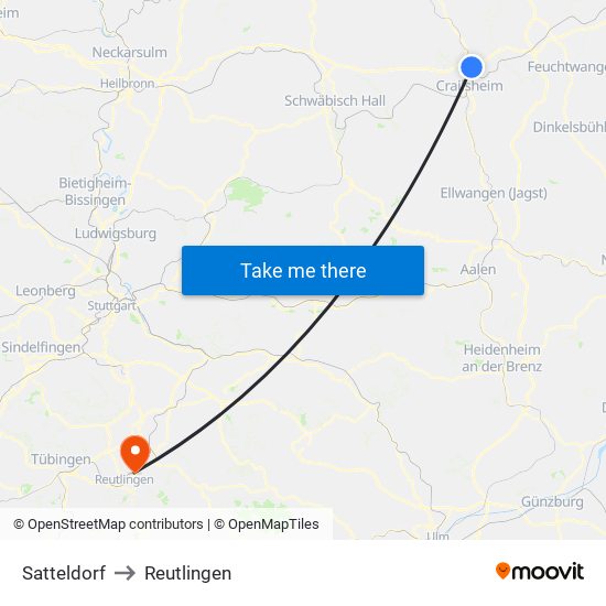 Satteldorf to Reutlingen map