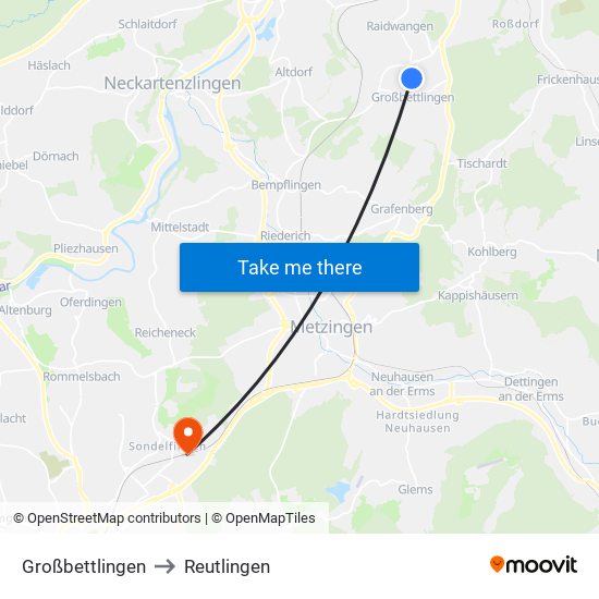 Großbettlingen to Reutlingen map