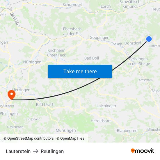 Lauterstein to Reutlingen map