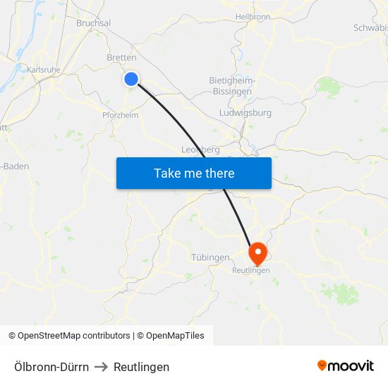 Ölbronn-Dürrn to Reutlingen map