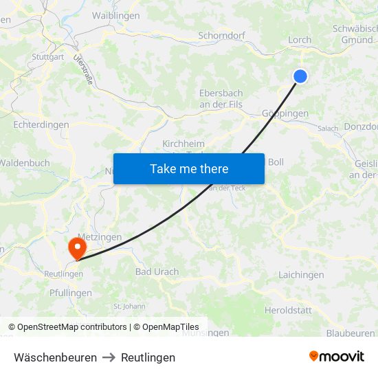 Wäschenbeuren to Reutlingen map