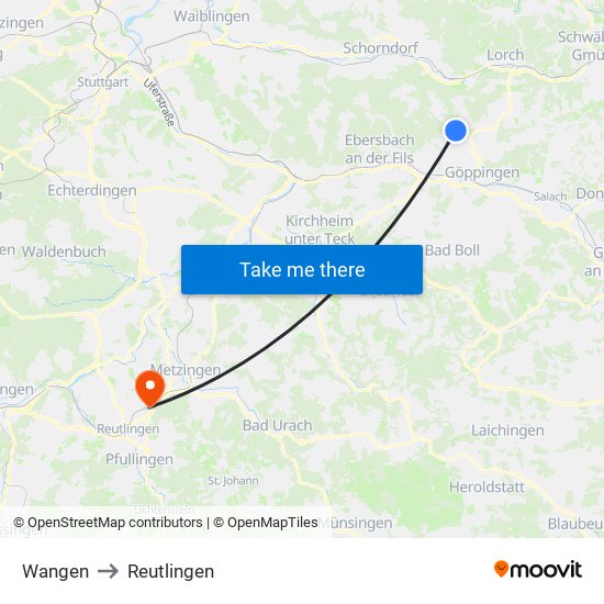 Wangen to Reutlingen map