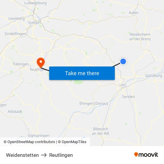 Weidenstetten to Reutlingen map