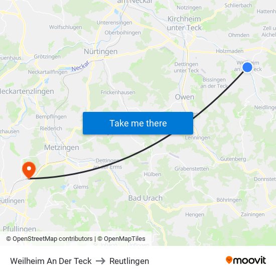 Weilheim An Der Teck to Reutlingen map