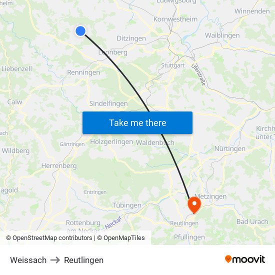 Weissach to Reutlingen map
