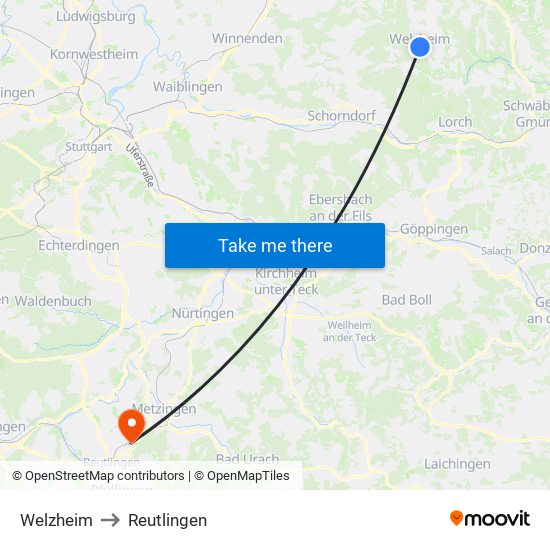 Welzheim to Reutlingen map