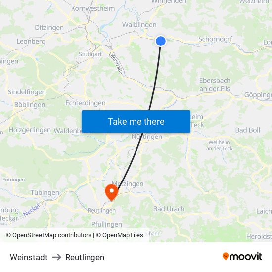 Weinstadt to Reutlingen map