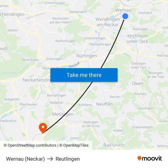 Wernau (Neckar) to Reutlingen map