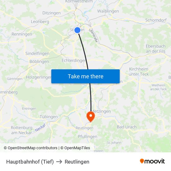 Hauptbahnhof (Tief) to Reutlingen map