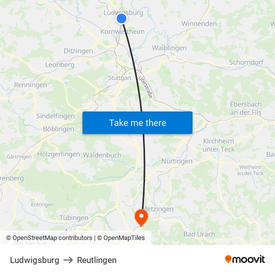 Ludwigsburg to Reutlingen map