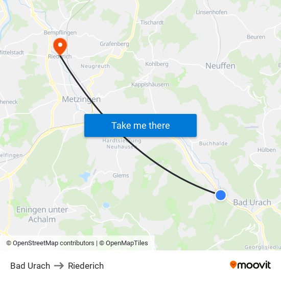 Bad Urach to Riederich map