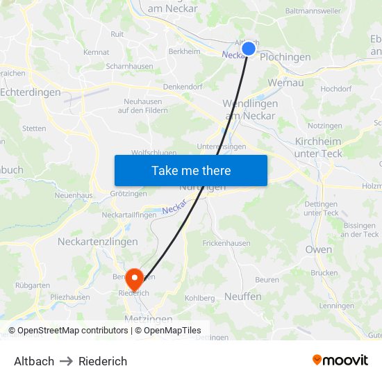 Altbach to Riederich map