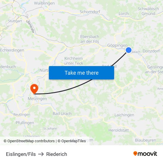 Eislingen/Fils to Riederich map