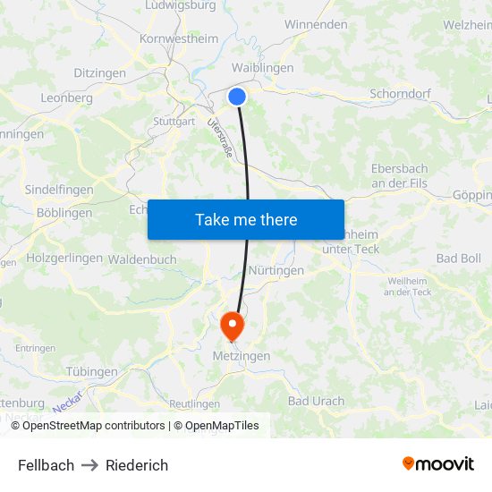 Fellbach to Riederich map