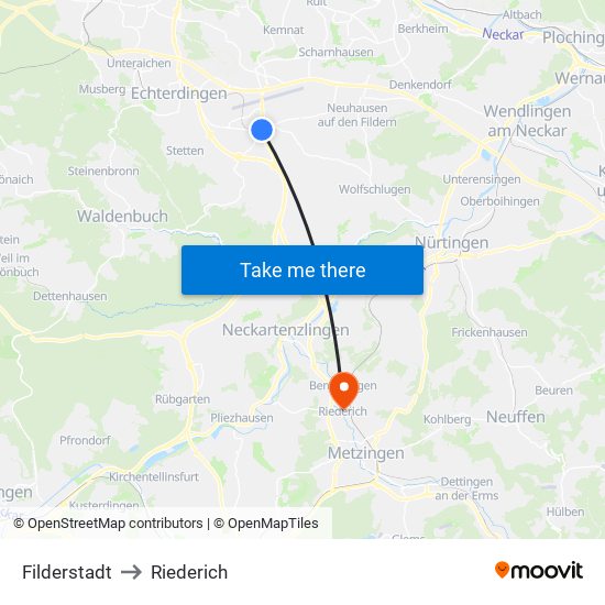 Filderstadt to Riederich map