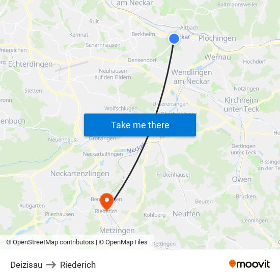 Deizisau to Riederich map